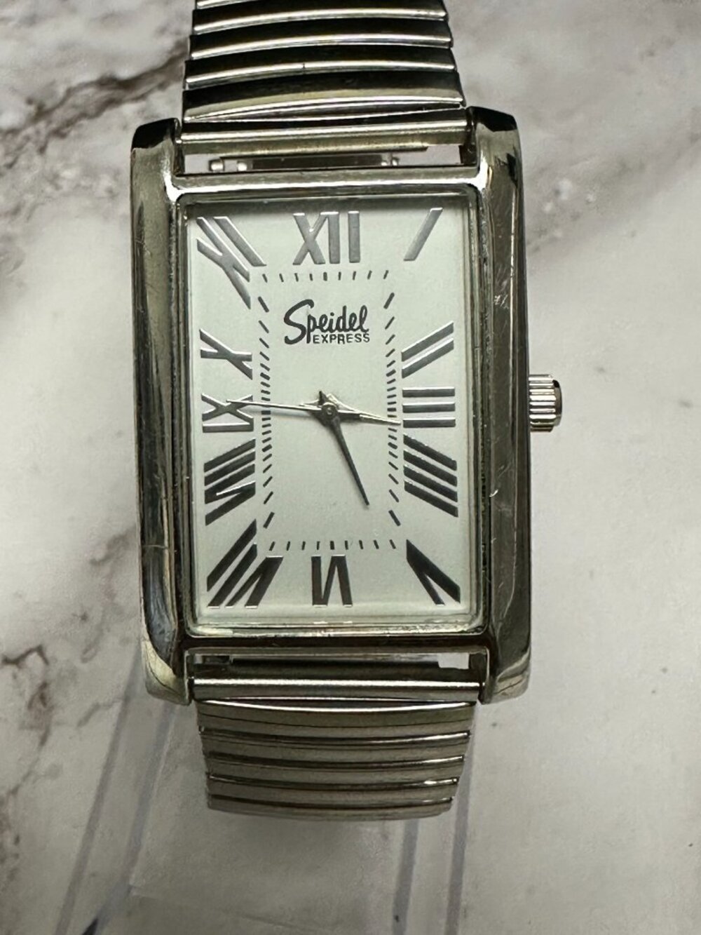 Speidel Tank Watch Women Silver Tone White Dial Stretch Band New Battery 7 Inch